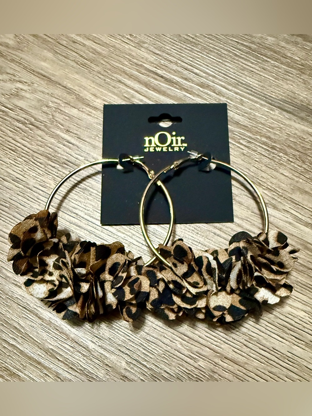 nOir Jewelry Gold Hoops with Leopard-Print Fabric Ruffles